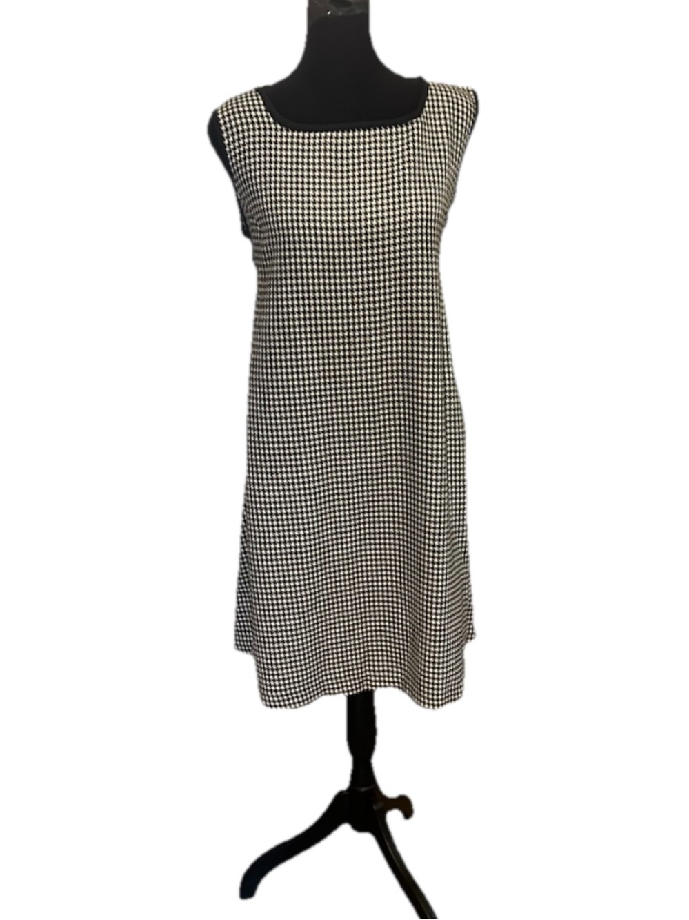 Meg Lauren Black White Houndstooth Shift Sleeveless Round Neck Tie Dress M